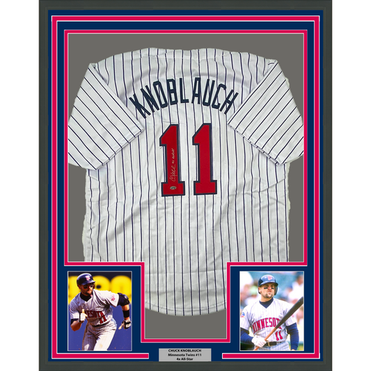 Framed Autographed/Signed Chuck Knoblauch 35x39 Minnesota Pinstripe Baseball Jersey Leaf Authentic COA