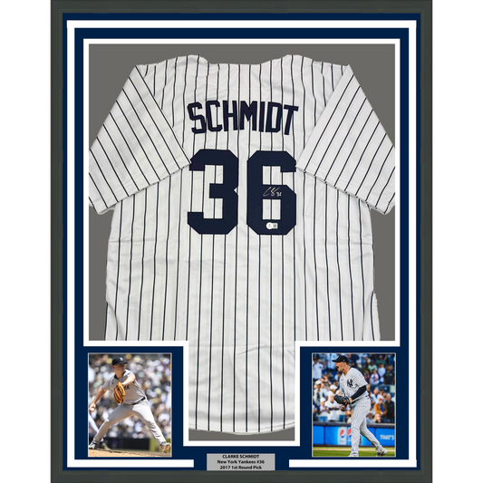 Framed Autographed/Signed Clarke Schmidt 35x39 New York Pinstripe Baseball Jersey Beckett BAS COA