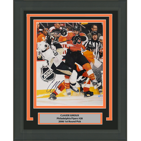Framed Autographed/Signed Claude Giroux Philadelphia Flyers Sidney Crosby Hit 16x20 Hockey Photo PSA/DNA COA