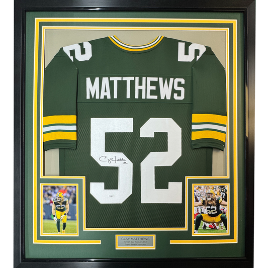 Framed Autographed/Signed Clay Matthews 35x39 Green Bay Green Football Jersey JSA COA