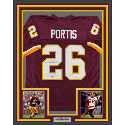 Framed Autographed/Signed Clinton Portis 35x39 Washington Burgundy Football Jersey Beckett BAS COA