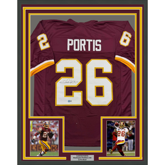 Framed Autographed/Signed Clinton Portis 35x39 Washington Burgundy Football Jersey Beckett BAS COA