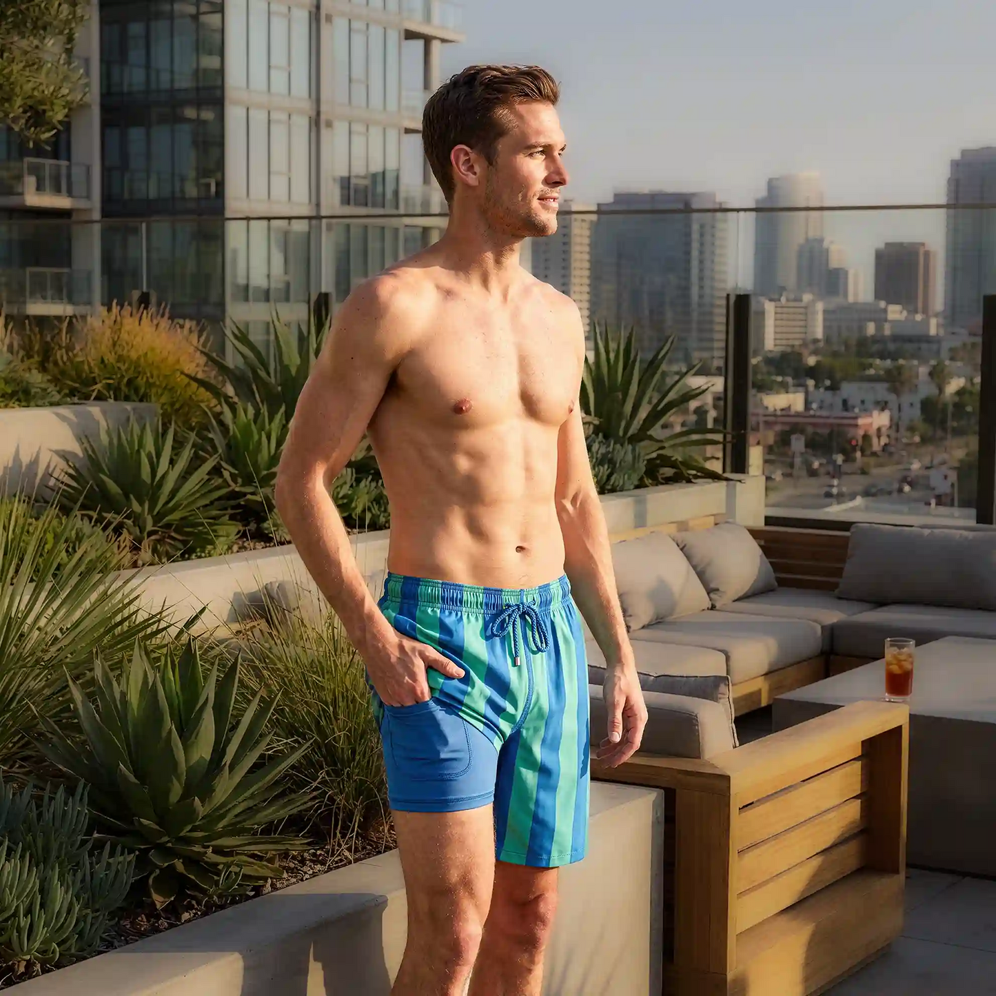 Coastal Cabana, Ocean and Palm Hybrid Short, Compression Lined Swim and Resort Trunk
