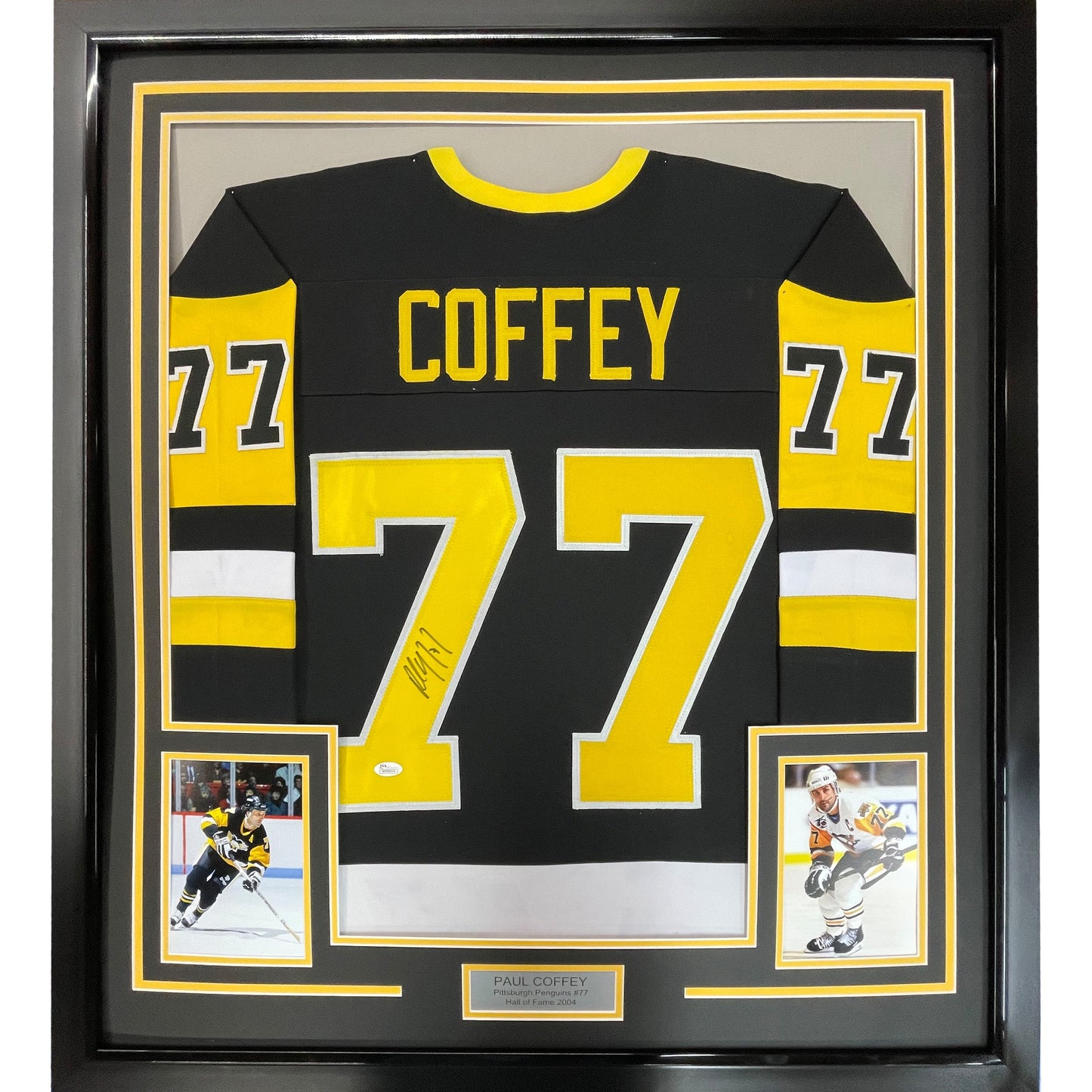 Framed Autographed/Signed Paul Coffey 35x39 Pittsburgh Black Hockey Jersey JSA COA
