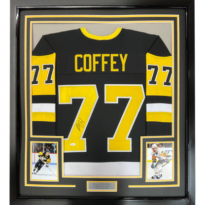 Framed Autographed/Signed Paul Coffey 35x39 Pittsburgh Black Hockey Jersey JSA COA