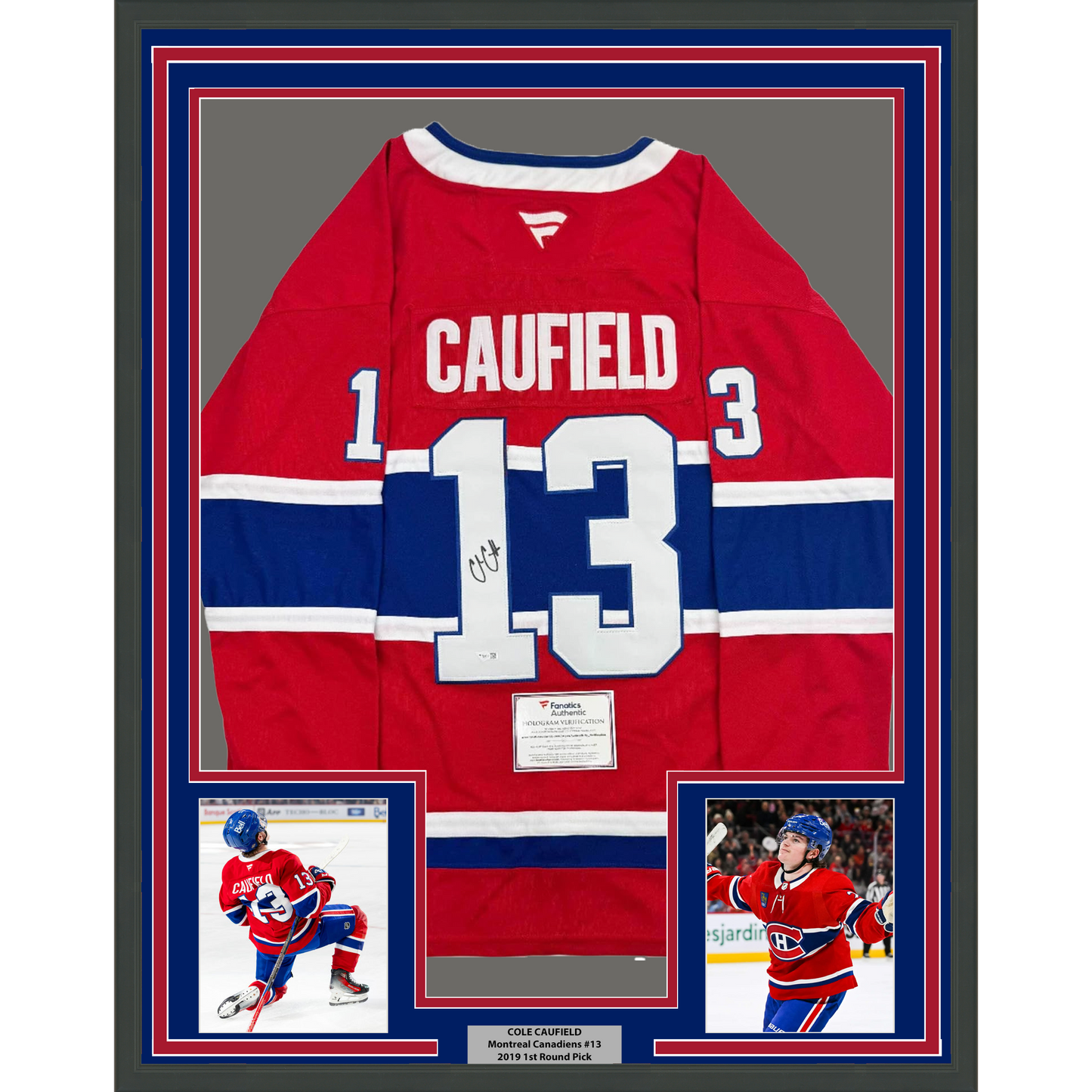 Framed Autographed/Signed Cole Caufield 35x39 Montreal Canadiens Red Hockey Jersey Fanatics COA
