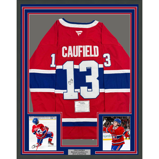 Framed Autographed/Signed Cole Caufield 35x39 Montreal Canadiens Red Hockey Jersey Fanatics COA