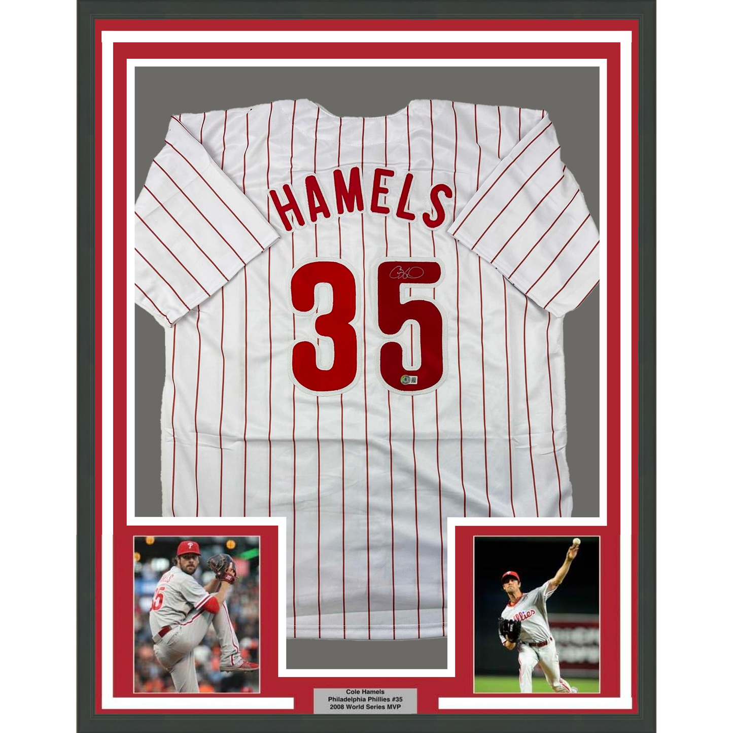 Framed Autographed/Signed Cole Hamels 35x39 Philadelphia Pinstripe Baseball Jersey Beckett BAS COA