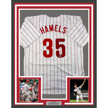 Framed Autographed/Signed Cole Hamels 35x39 Philadelphia Pinstripe Baseball Jersey Beckett BAS COA