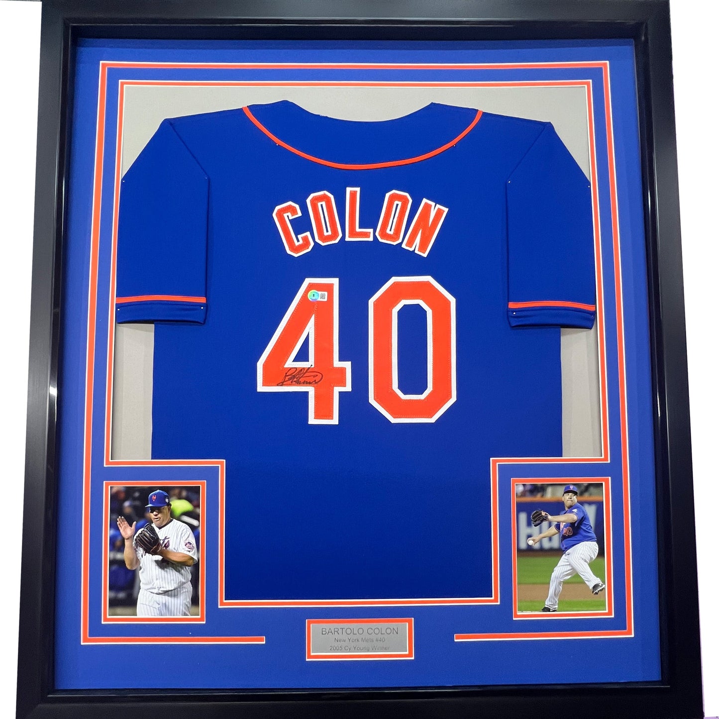 Framed Autographed/Signed Bartolo Colon 35x39 New York Blue Baseball Jersey Beckett BAS COA