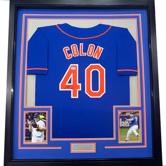 Framed Autographed/Signed Bartolo Colon 35x39 New York Blue Baseball Jersey Beckett BAS COA