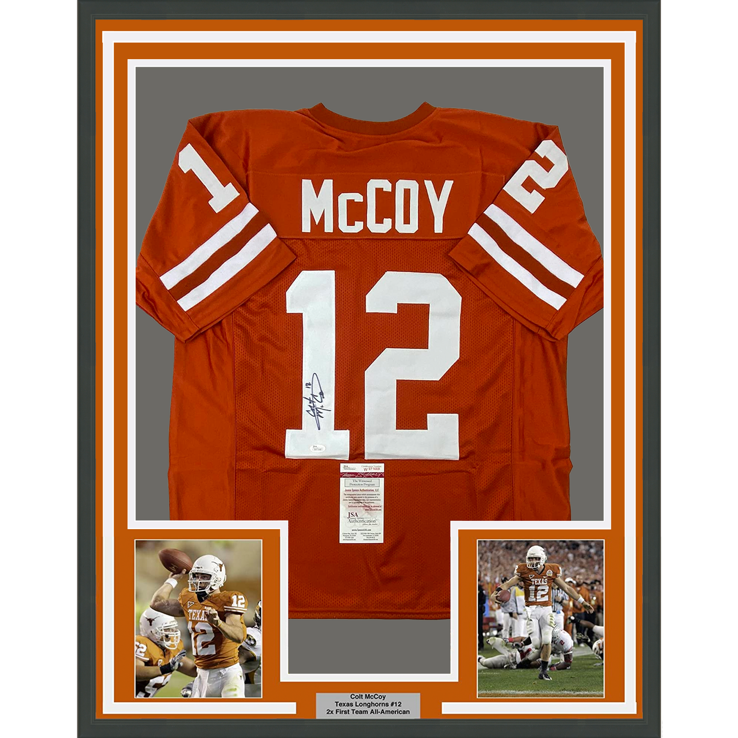 Framed Autographed/Signed Colt McCoy 35x39 Texas Longhorns Orange College Football Jersey JSA COA