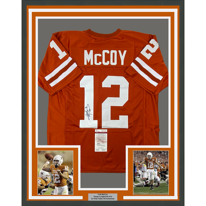 Framed Autographed/Signed Colt McCoy 35x39 Texas Longhorns Orange College Football Jersey JSA COA