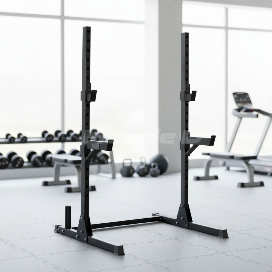 Compact Squat Stand - Muscle D Fitness - Adjustable Safety Guards - Vertical Bar Storage - Home Gym