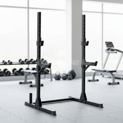 Compact Squat Stand - Muscle D Fitness - Adjustable Safety Guards - Vertical Bar Storage - Home Gym