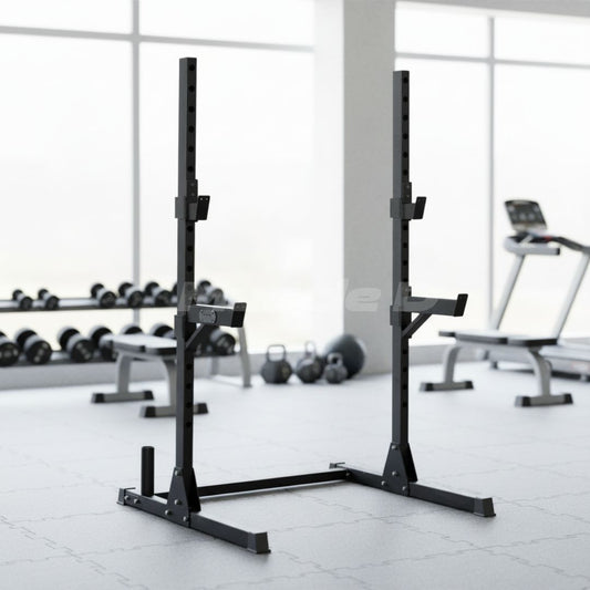 Compact Squat Stand - Muscle D Fitness - Adjustable Safety Guards - Vertical Bar Storage - Home Gym