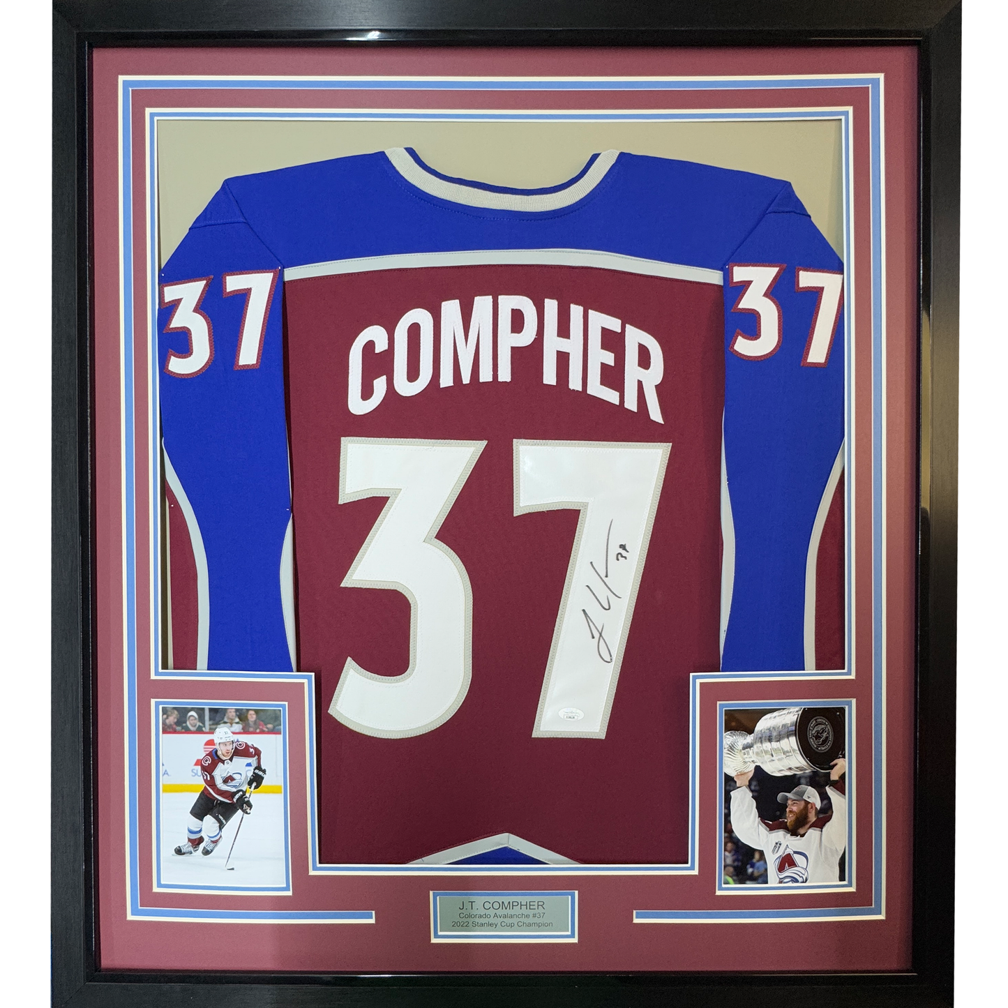 Framed Autographed/Signed JT J.T. Compher 35x39 Colorado Maroon Hockey Jersey PSA/DNA COA