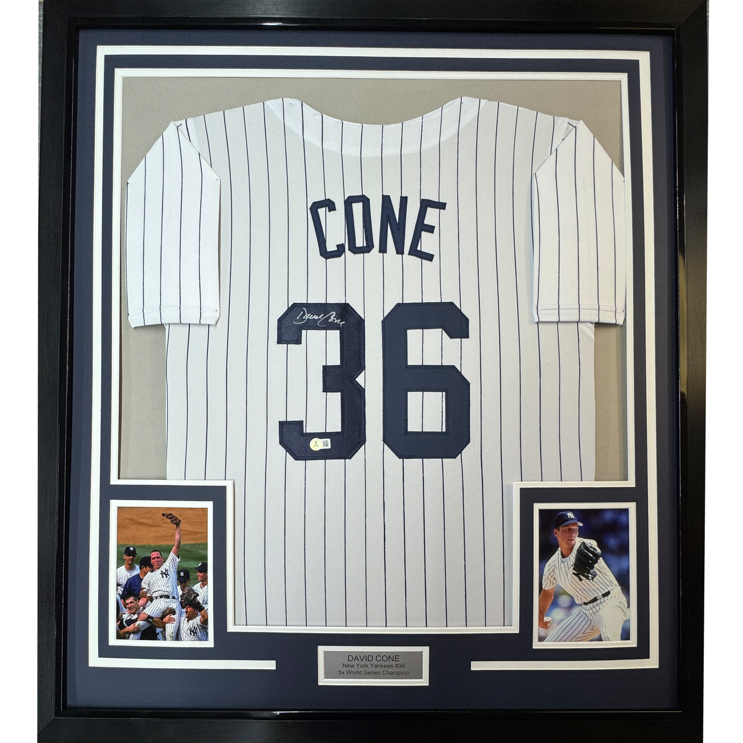 Framed Autographed/Signed David Cone 35x39 New York Pinstripe Baseball Jersey Beckett BAS COA