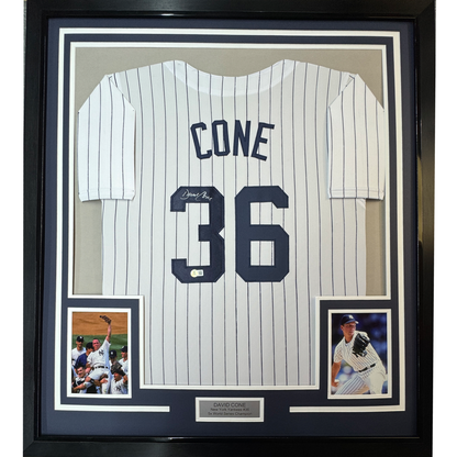Framed Autographed/Signed David Cone 35x39 New York Pinstripe Baseball Jersey Beckett BAS COA