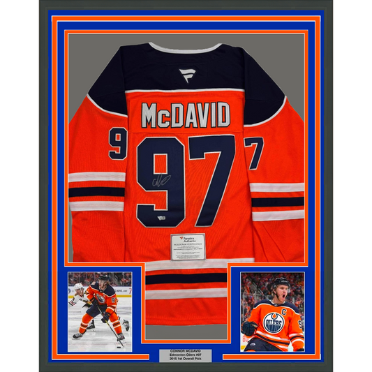 Framed Autographed/Signed Connor McDavid 35x39 Edmonton Oilers Authentic Orange Hockey Jersey Fanatics COA