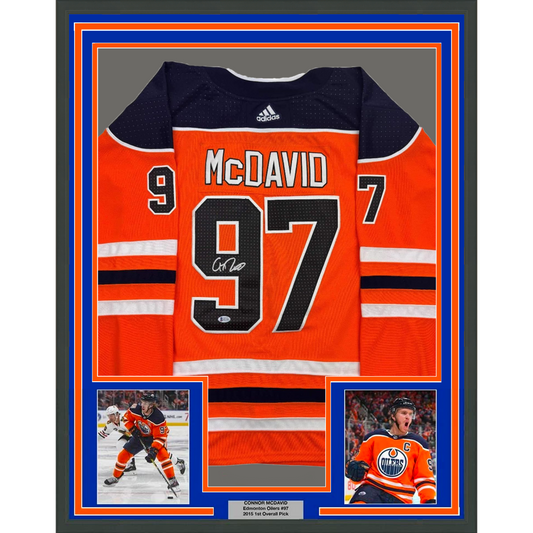 Framed Autographed/Signed Connor McDavid 35x39 Edmonton Orange Hockey Jersey Beckett BAS COA