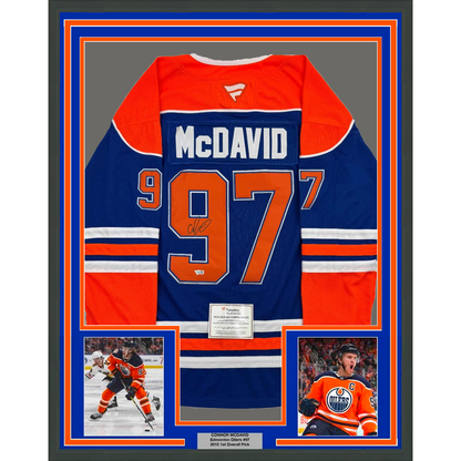 Framed Autographed/Signed Connor McDavid 35x39 Edmonton Oilers Authentic Blue Hockey Jersey Fanatics COA