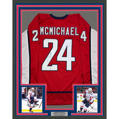 Framed Autographed/Signed Connor McMichael 35x39 Washington Red Hockey Jersey Beckett BAS COA
