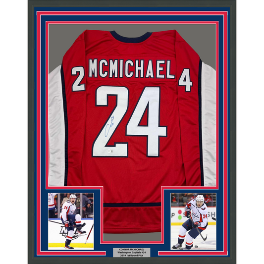 Framed Autographed/Signed Connor McMichael 35x39 Washington Red Hockey Jersey Beckett BAS COA