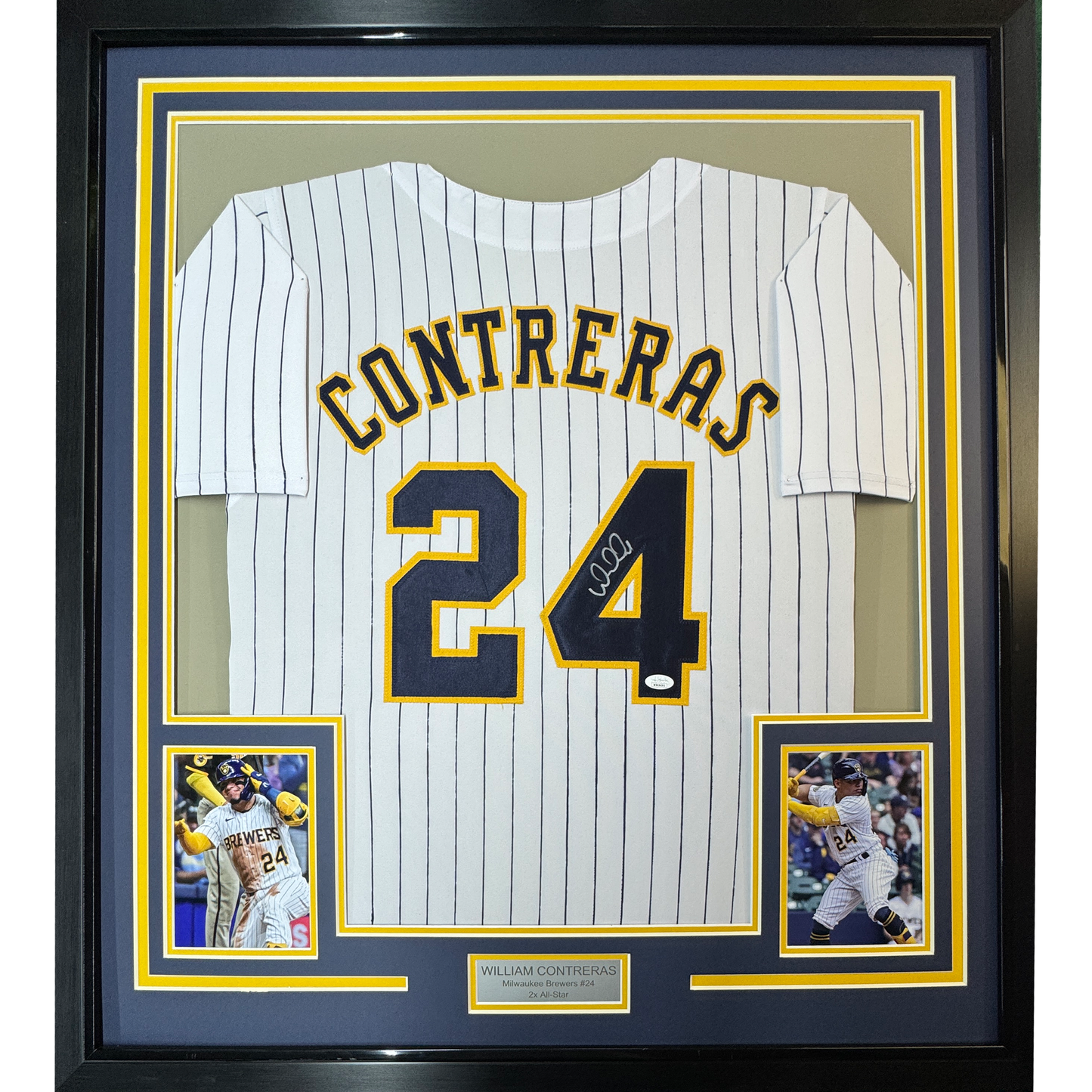 Framed Autographed/Signed William Contreras 35x39 Milwaukee Pinstripe Baseball Jersey JSA COA