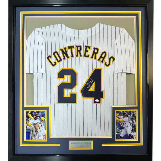 Framed Autographed/Signed William Contreras 35x39 Milwaukee Pinstripe Baseball Jersey JSA COA