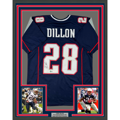 Framed Autographed/Signed Corey Dillon 35x39 New England Blue Football Jersey Beckett BAS COA