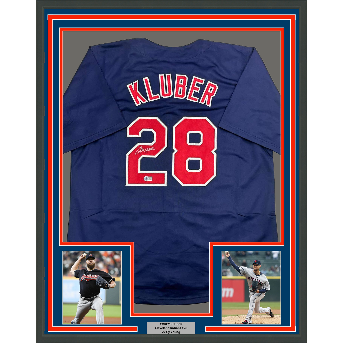Framed Autographed/Signed Corey Kluber 35x39 Cleveland Blue Baseball Jersey Beckett BAS COA