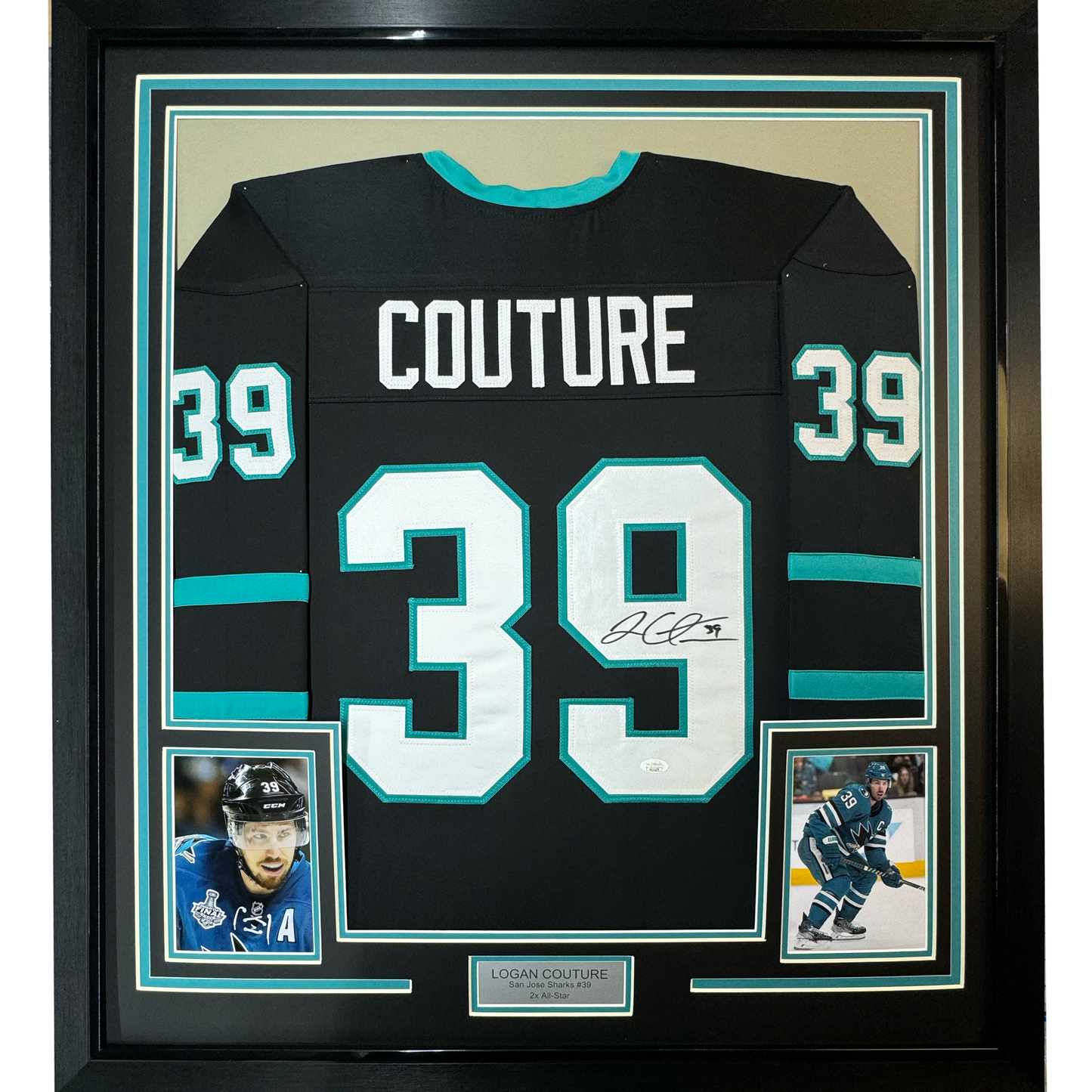 Framed Autographed/Signed Logan Couture 35x39 San Jose Black Hockey Jersey JSA COA