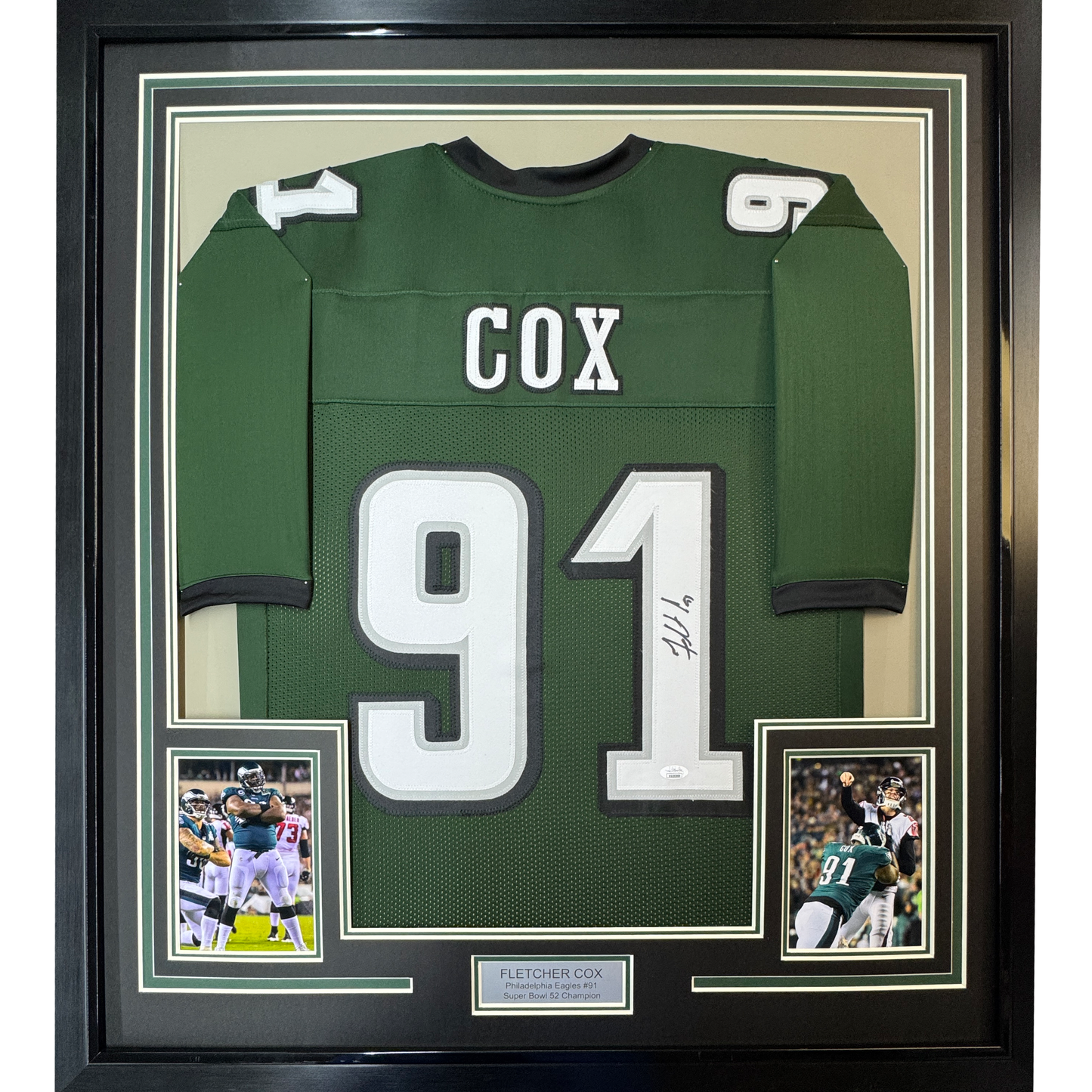 Framed Autographed/Signed Fletcher Cox 35x39 Philadelphia Green Football Jersey JSA COA