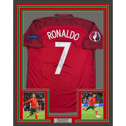 Framed Autographed/Signed Cristiano Ronaldo 35x39 Portugal Red World Cup Soccer Futbol Jersey Beckett BAS COA