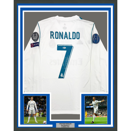 Framed Autographed/Signed Cristiano Ronaldo 35x39 Real Madrid White Soccer Jersey Beckett BAS COA