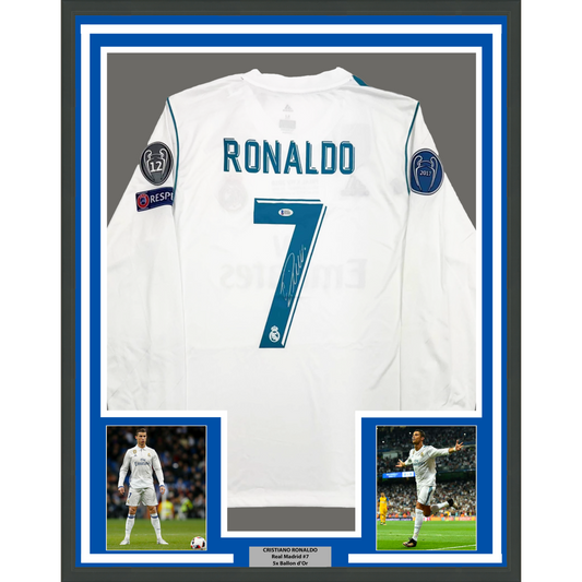 Framed Autographed/Signed Cristiano Ronaldo 35x39 Real Madrid White Soccer Jersey Beckett BAS COA