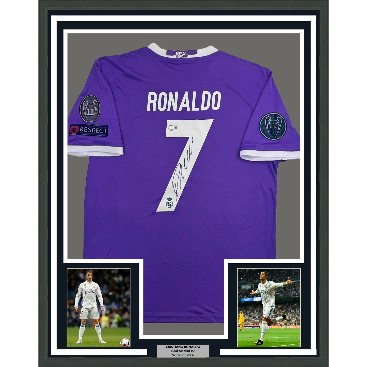 Framed Autographed/Signed Cristiano Ronaldo 35x39 Real Madrid Purple Soccer Jersey Beckett BAS COA