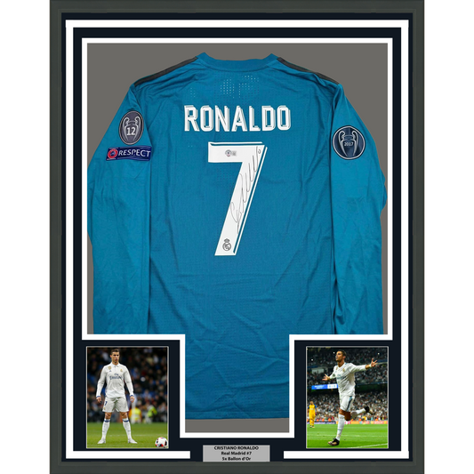 Framed Autographed/Signed Cristiano Ronaldo 35x39 Real Madrid Blue Soccer Jersey Beckett BAS COA