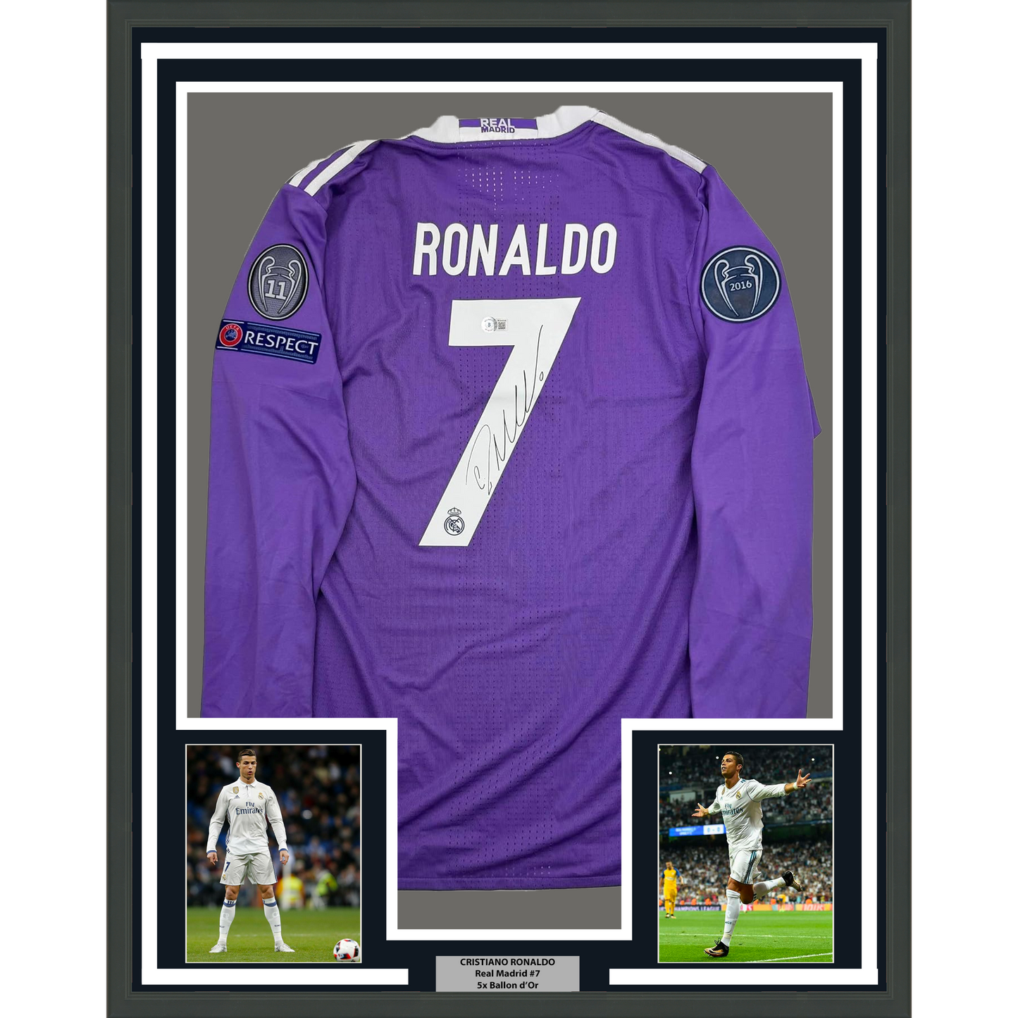 Framed Autographed/Signed Cristiano Ronaldo 35x39 Real Madrid Purple Soccer Jersey Beckett BAS COA