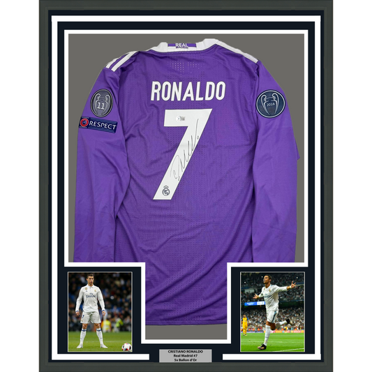 Framed Autographed/Signed Cristiano Ronaldo 35x39 Real Madrid Purple Soccer Jersey Beckett BAS COA