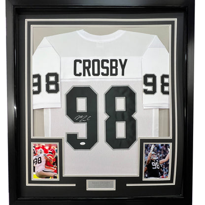 Framed Autographed/Signed Maxx Crosby 35x39 Las Vegas Oakland White Football Jersey Beckett BAS COA