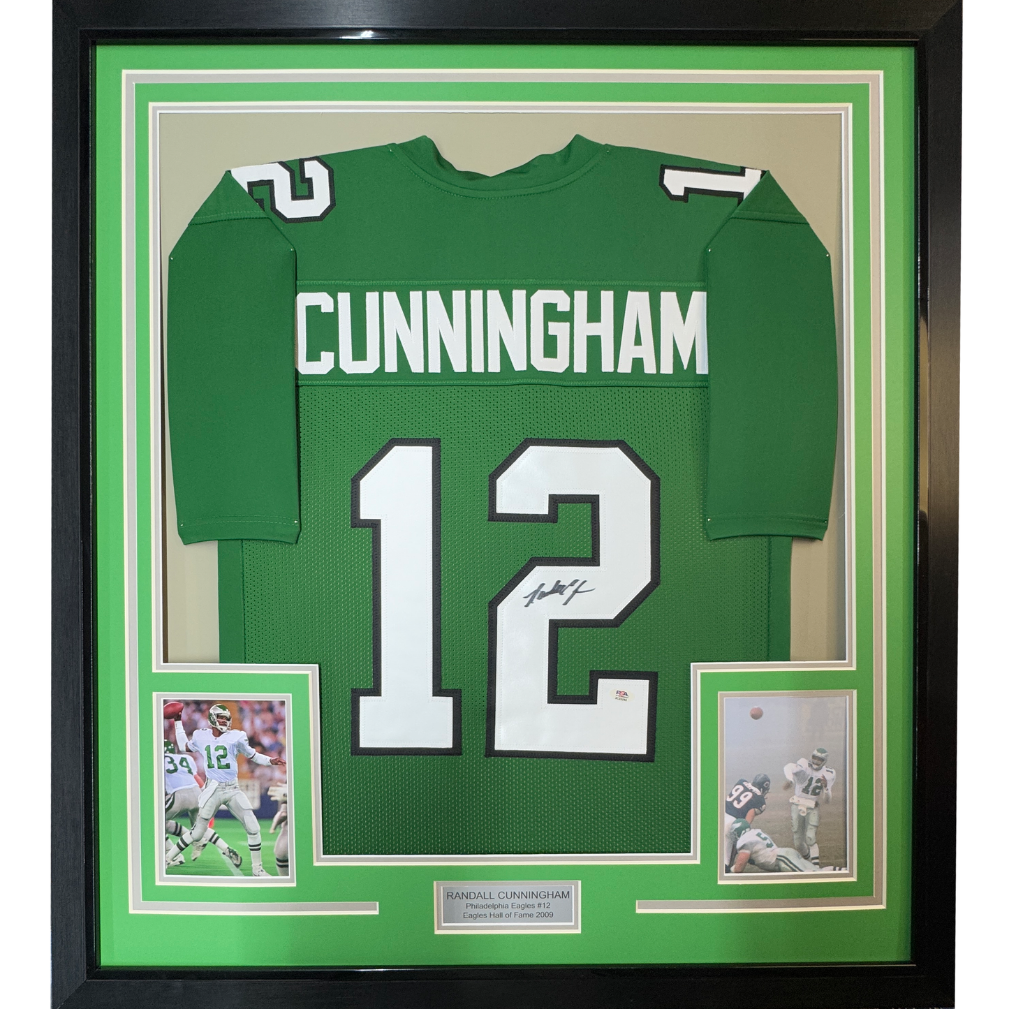 Framed Autographed/Signed Randall Cunningham 35x39 Philadelphia Green Football Jersey JSA COA
