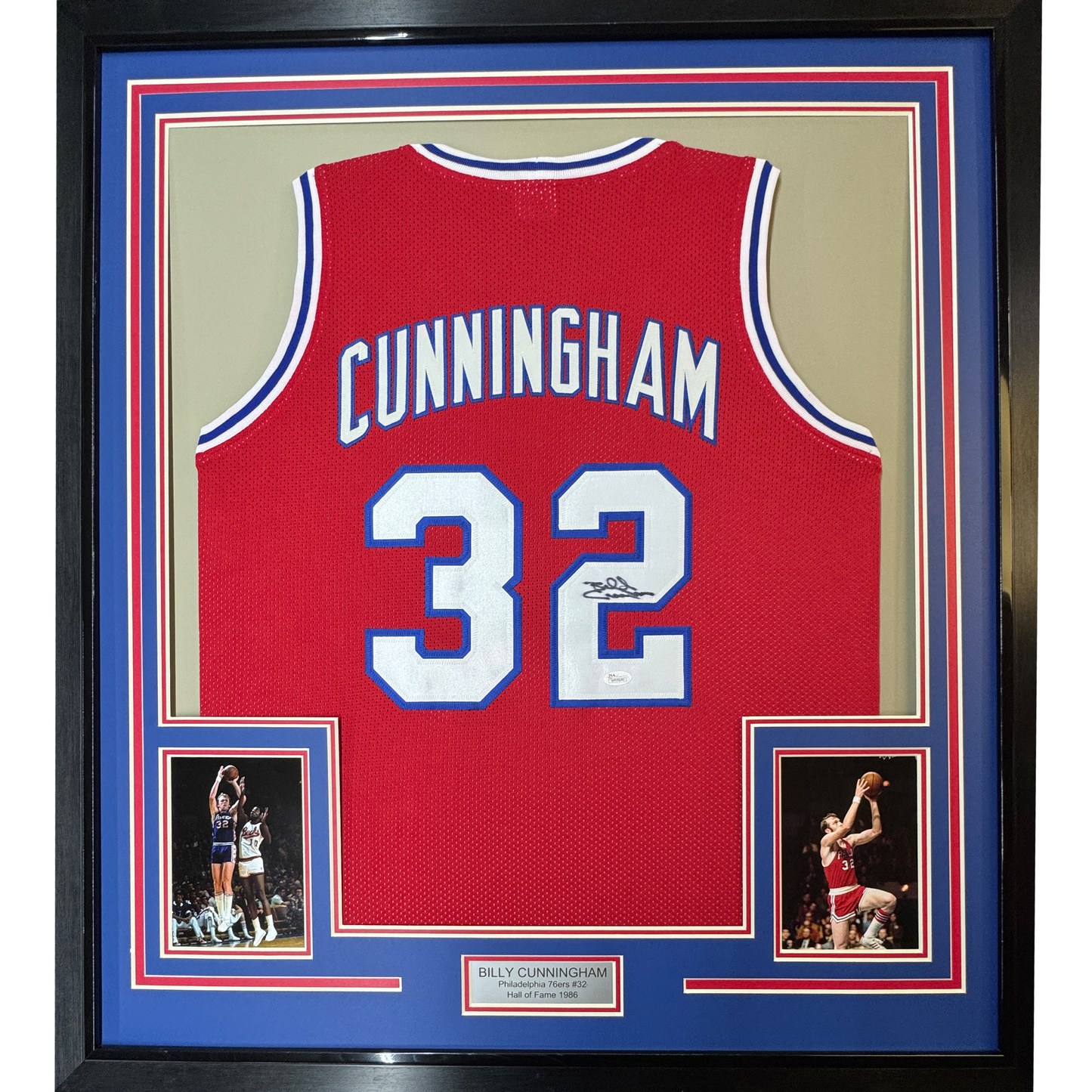 Framed Autographed/Signed Billy Cunningham 35x39 Philadelphia Red Basketball Jersey JSA COA