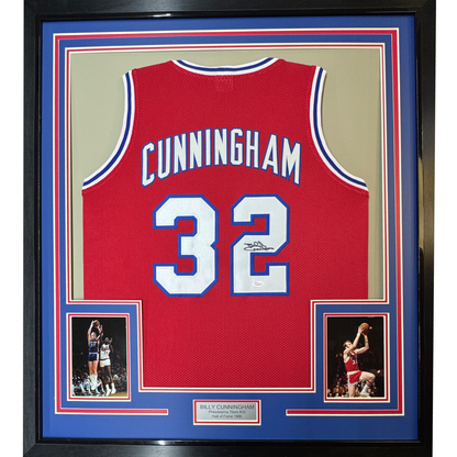 Framed Autographed/Signed Billy Cunningham 35x39 Philadelphia Red Basketball Jersey JSA COA