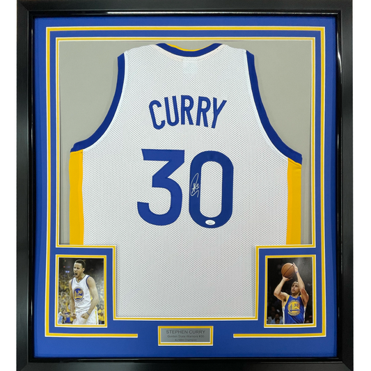 Framed Autographed/Signed Stephen Steph Curry 35x39 Golden State White Basketball Jersey JSA COA