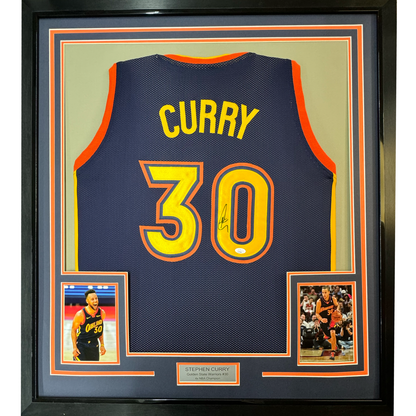 Framed Autographed/Signed Stephen Steph Curry 35x39 Golden State Navy Blue Throwback Basketball Jersey JSA COA