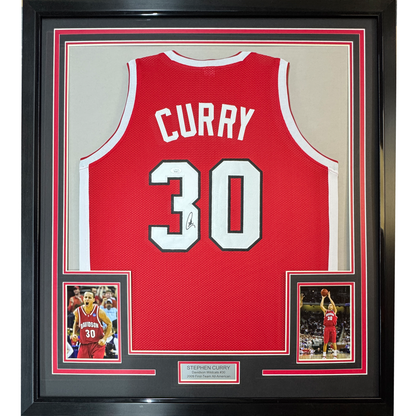 Framed Autographed/Signed Stephen Steph Curry 35x39 Davidson Wildcats Red College Basketball Jersey JSA COA