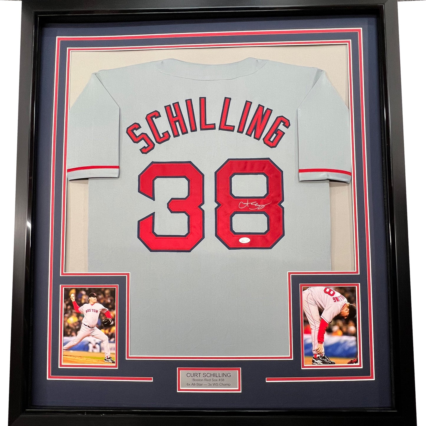 Framed Autographed/Signed Curt Schilling 35x39 Boston Grey Baseball Jersey JSA COA