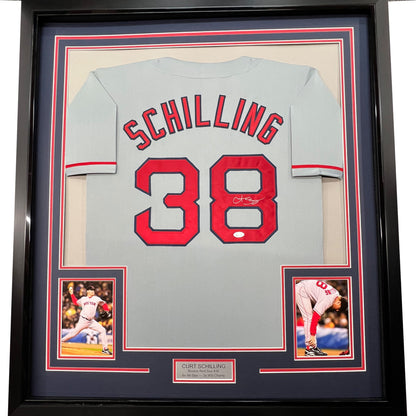 Framed Autographed/Signed Curt Schilling 35x39 Boston Grey Baseball Jersey JSA COA